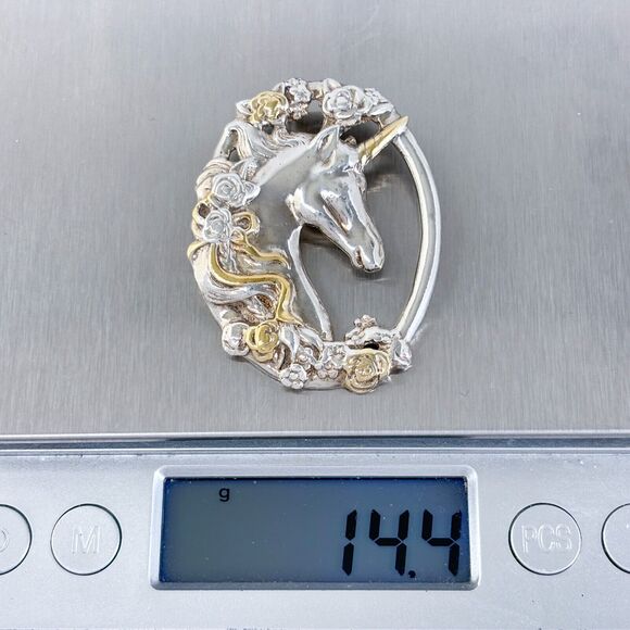 Vintage Sterling Silver 925 Vermeil Floral Unicorn Pendant - Picture 5 of 6